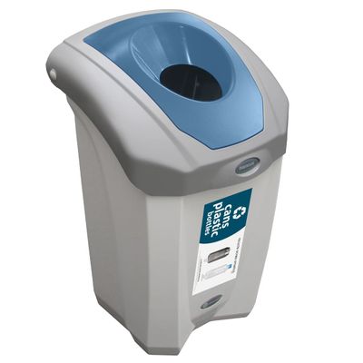 Glasdon Nexus 8G Cans & Plastic Bottles Recycling Bin (Gray, Blue Sticker) 8-Gallon Container for Indoor Use Compact Recycling Bin for Cans & Plastic
