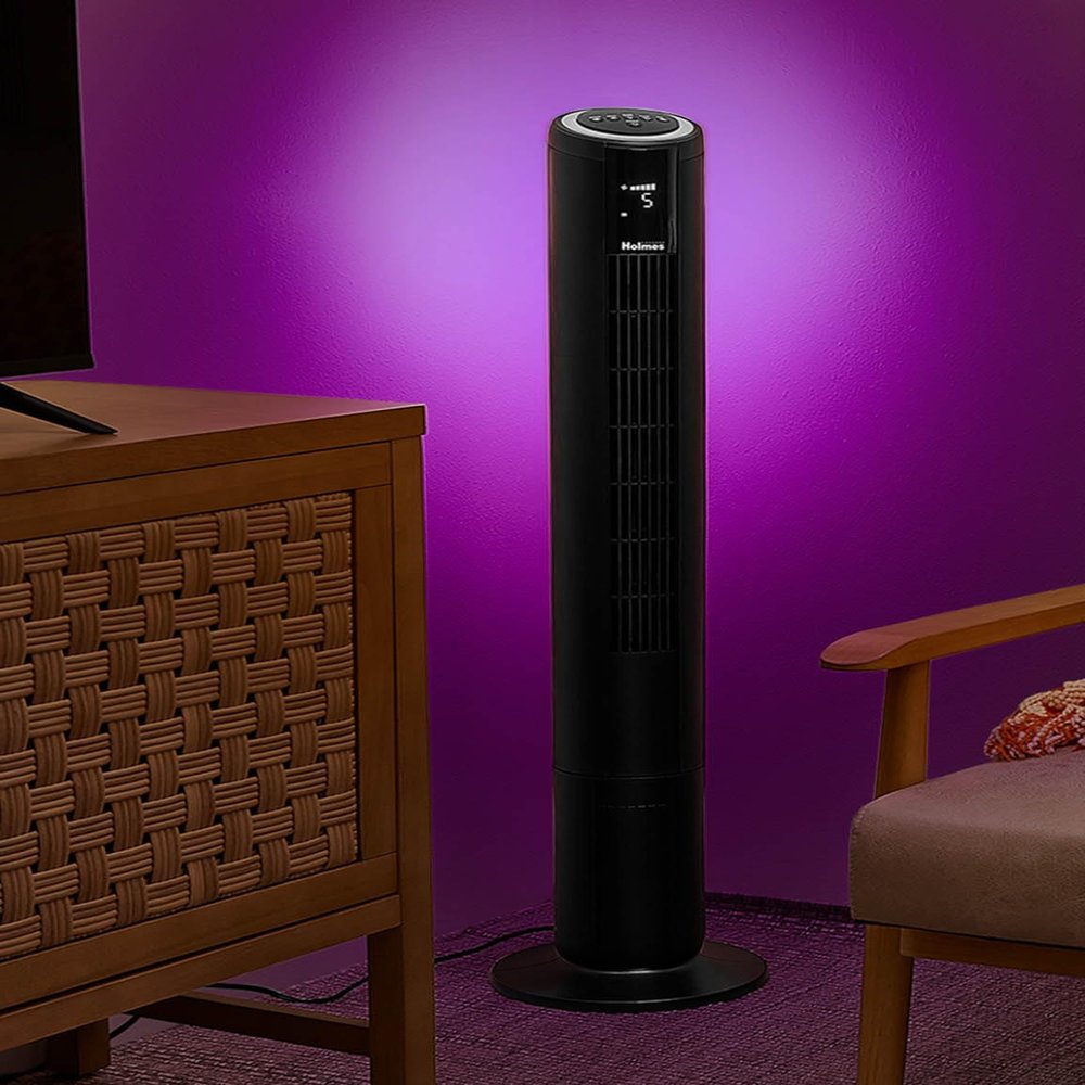 HOLMES 42" Digital Tower Fan with Accent Light, ClearRead Display, High/Low Brightness Level, 90 Oscillation, 5 Speeds, 4 Modes, 8-Hour Timer, Home, Bedroom or Office, Remote Control, Matte Black
