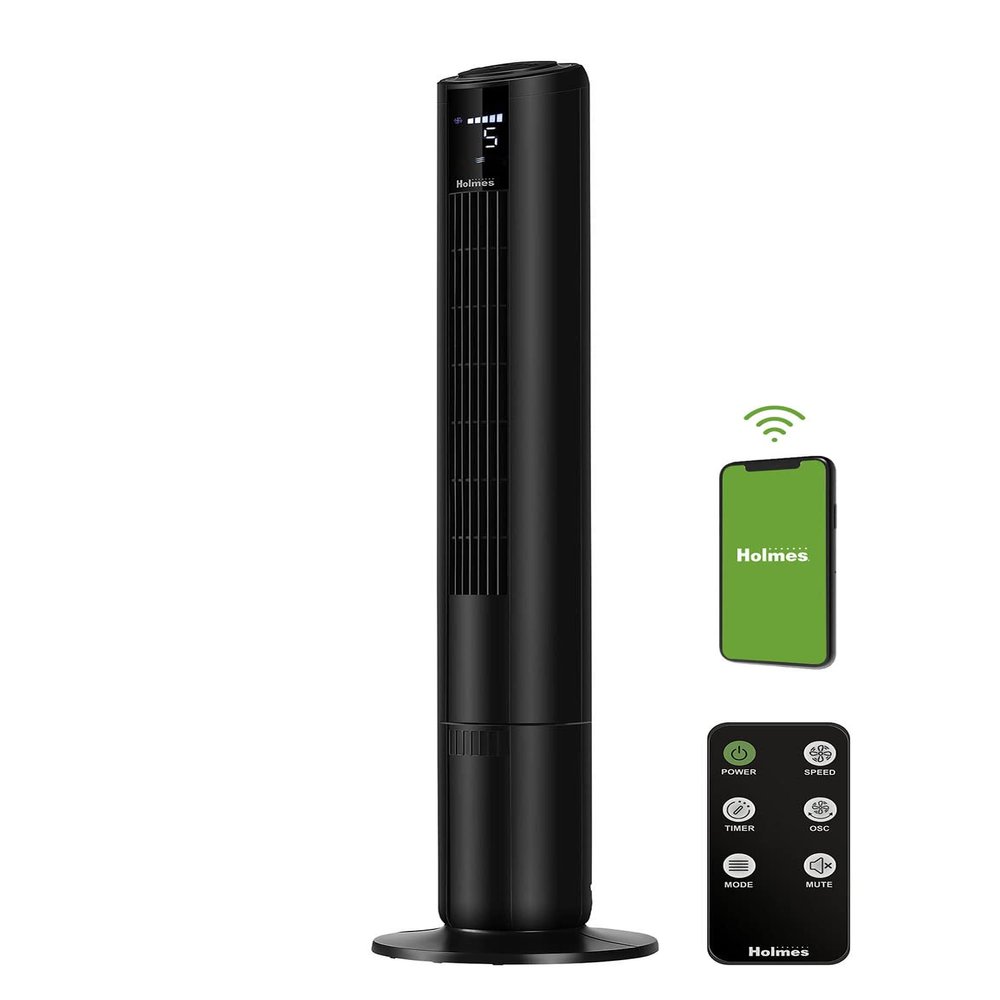 HOLMES 42" SmartConnect WI-FI Digital Tower Fan, ClearRead Display, Alexa Voice Control, 90 Oscillation, 5 Speeds, 4 Modes, 8-Hour Timer, Home, Bedroom or Office, Remote Control, Matte Black