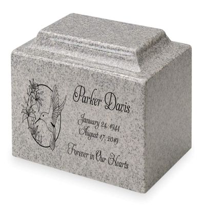 Mist Gray Hummingbird Cremation Urn - Personalized Memorial - Classic Cultured Marble Vault Style Urn - 210 Cubic Inch Capacity - Customized Urns for Ashes for People up to 200 Pounds