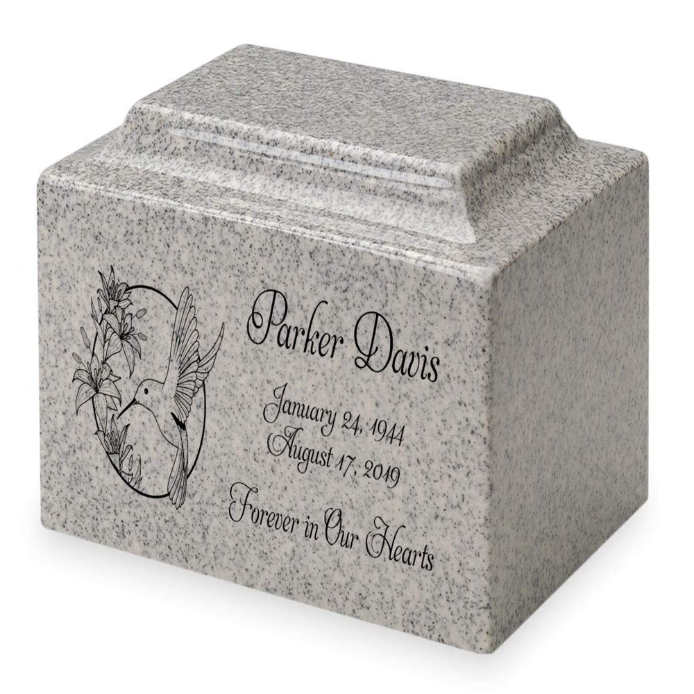 Mist Gray Hummingbird Cremation Urn - Personalized Memorial - Classic Cultured Marble Vault Style Urn - 210 Cubic Inch Capacity - Customized Urns for Ashes for People up to 200 Pounds