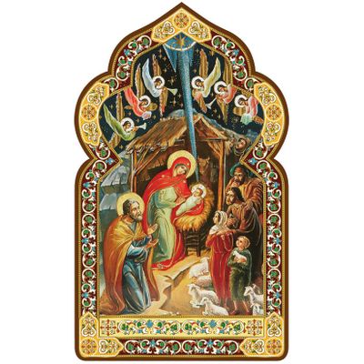 Needzo Nativity of Christ Nativity Scene Icon in Wooden Dome Shape - Gold Foil Icon - With It's Stand for Standing and Hook For Hanging on Wall - Religious Christmas Gift Decoration 7 1/16 Inch