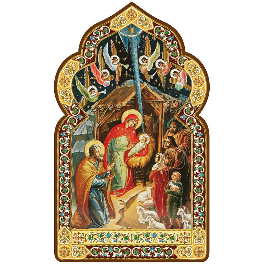 Needzo Nativity of Christ Nativity Scene Icon in Wooden Dome Shape - Gold Foil Icon - With It's Stand for Standing and Hook For Hanging on Wall - Religious Christmas Gift Decoration 7 1/16 Inch