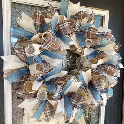 BEAUTIFUL Everyday Wreath, Winter Spring Summer, Brown Plaid Cream Blue Deco Mesh Front Door Wreath, Door Hanger, Country Home, Beach, Farmhouse Decoration, Porch Sign