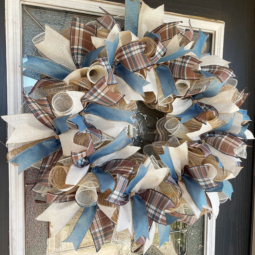 BEAUTIFUL Everyday Wreath, Winter Spring Summer, Brown Plaid Cream Blue Deco Mesh Front Door Wreath, Door Hanger, Country Home, Beach, Farmhouse Decoration, Porch Sign