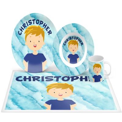 Kids Personalized Plate Set - Mini Me Boy Character - Plate, Bowl, Placemat, Mug - Customize Character