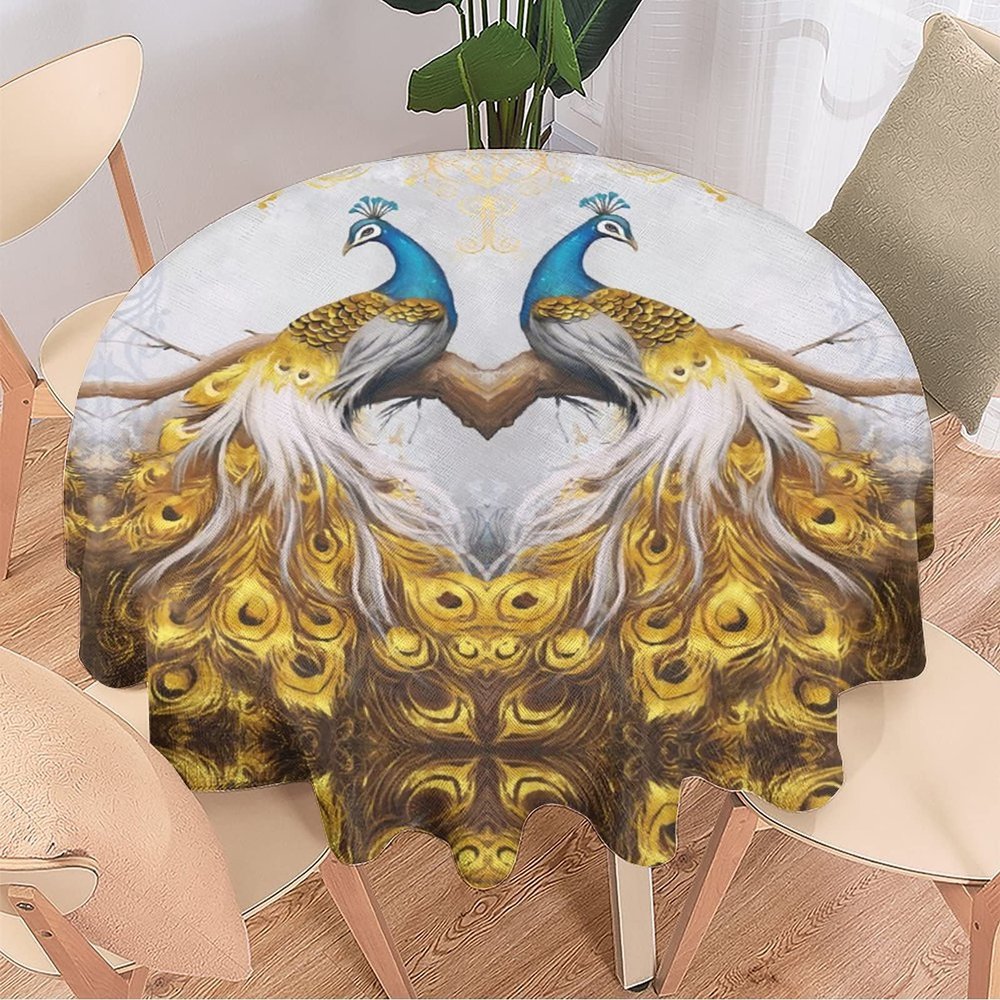 Kazynee Peacock Beautiful Gold Tablecloth - 70" Round Tablecloths for Circular Table Cover with Flower Art Pattern Pattern,Great for Parties,Weddings,Kitchen,Wrinkle-Resistant Table Cover