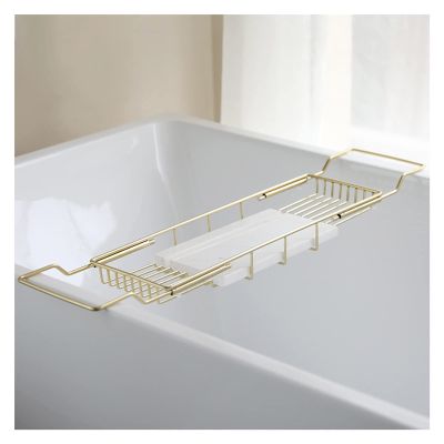 PFCDZDU Bathtub Caddy Tray, Home Stainless Steel Bath Tub Table Shelf with Marble Chopping Board, Adjustable Bath Storage Platform for Hotel Shower Stall (Color : Gold+White)