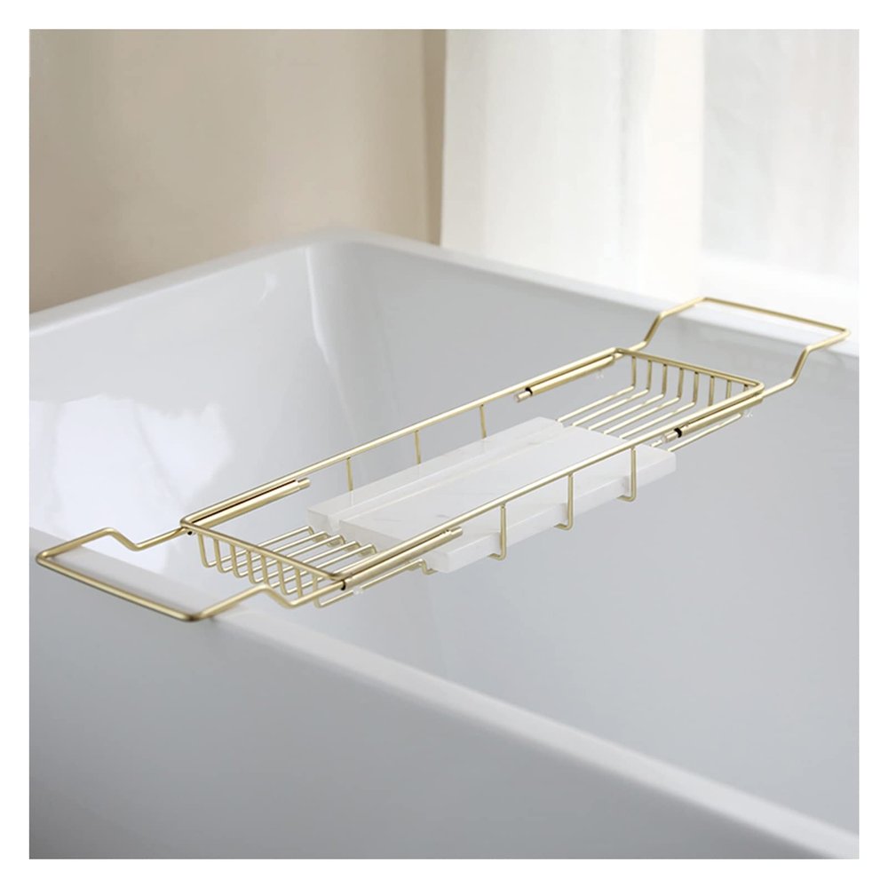 PFCDZDU Bathtub Caddy Tray, Home Stainless Steel Bath Tub Table Shelf with Marble Chopping Board, Adjustable Bath Storage Platform for Hotel Shower Stall (Color : Gold+White)