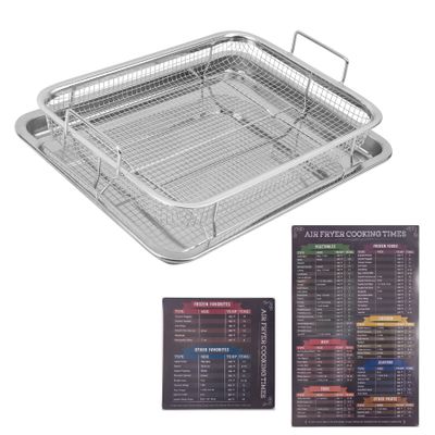 2 pieces air fryer basket for oven Air Fryer Magnetic Cheat Sheet Set tray and grease trap set bacon rack for oven crisper for french fried/frozen food (silver + black)