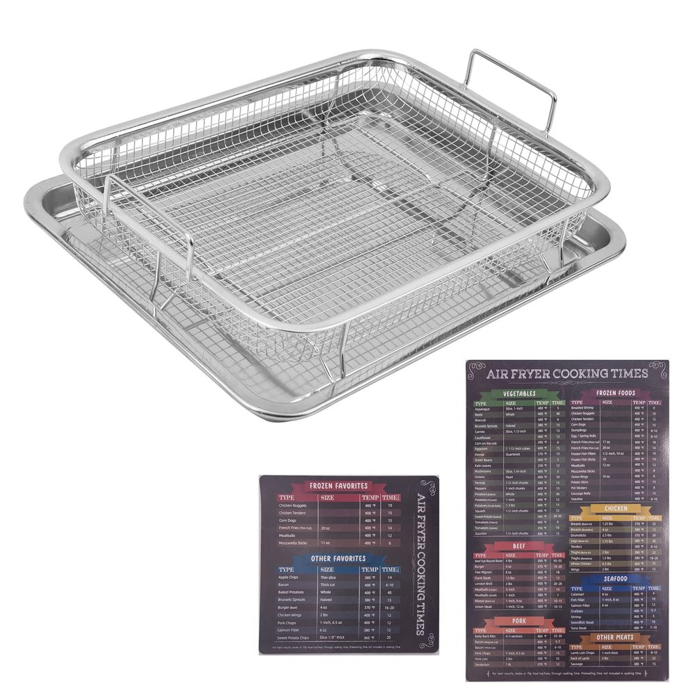 2 pieces air fryer basket for oven Air Fryer Magnetic Cheat Sheet Set tray and grease trap set bacon rack for oven crisper for french fried/frozen food (silver + black)