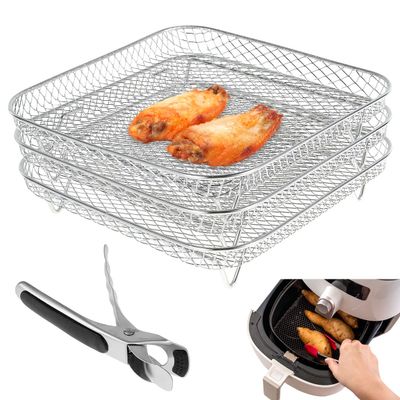 3 Pack Stackable Air Fryer Racks Rectangle Air Fryer Mesh Tray Multi-Layer Toast Racks Stainless Steel Dehydration Rack Compatible with Double Air Fryer(3pcs)