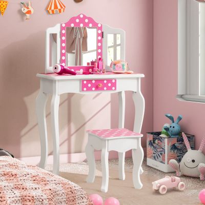 Costzon Kids Vanity Table and Chair Set, Girls Vanity Set with Mirror and Stool, Storage Drawer, Wooden Princess Makeup Dressing Table, Vanity Set for Little Girls