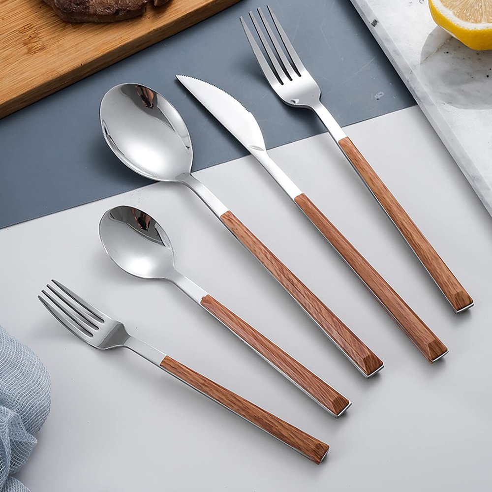 Silverware Set 60 Piece 18/10 Stainless Steel Flatware Set for 12 Wooden Square Handle Durable Kitchen Restaurant Wedding Tableware Utensil Include Knife Fork Spoon Fruit Fork Coffee Spoon