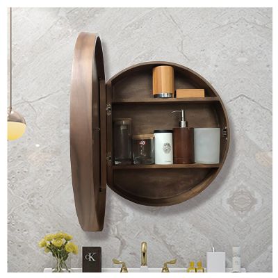 Bathroom Medicine Cabinet with Mirror, Round Wall Mounted Bathroom Storage Cabinet, with Mirror Door and Hide Shelves (Color : Brown, Size : 60cm)