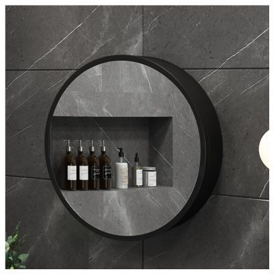 Round Wall Mounted Bathroom Storage Cabinet, Bathroom Medicine Cabinet with Mirror, with Mirror Door and Hide Shelves (Color : Black, Size : 50cm)