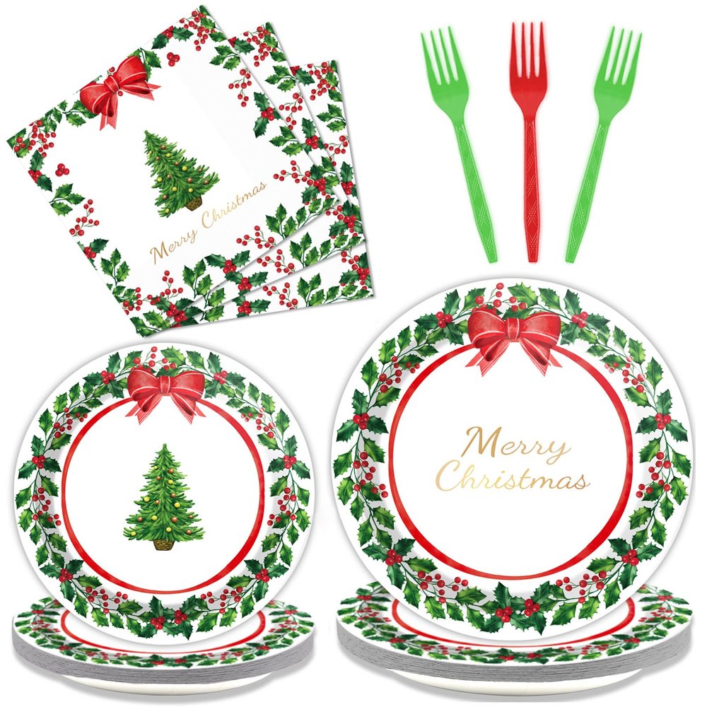 gisgfim 96 Pcs Christmas Paper Plates Napkins Party Supplies Holly Leaf Party Tableware Decorations Favors for Merry Christmas Birthday Serves 24