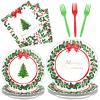 gisgfim 96 Pcs Christmas Paper Plates Napkins Party Supplies Holly Leaf Party Tableware Decorations Favors for Merry Christmas Birthday Serves 24 view 1