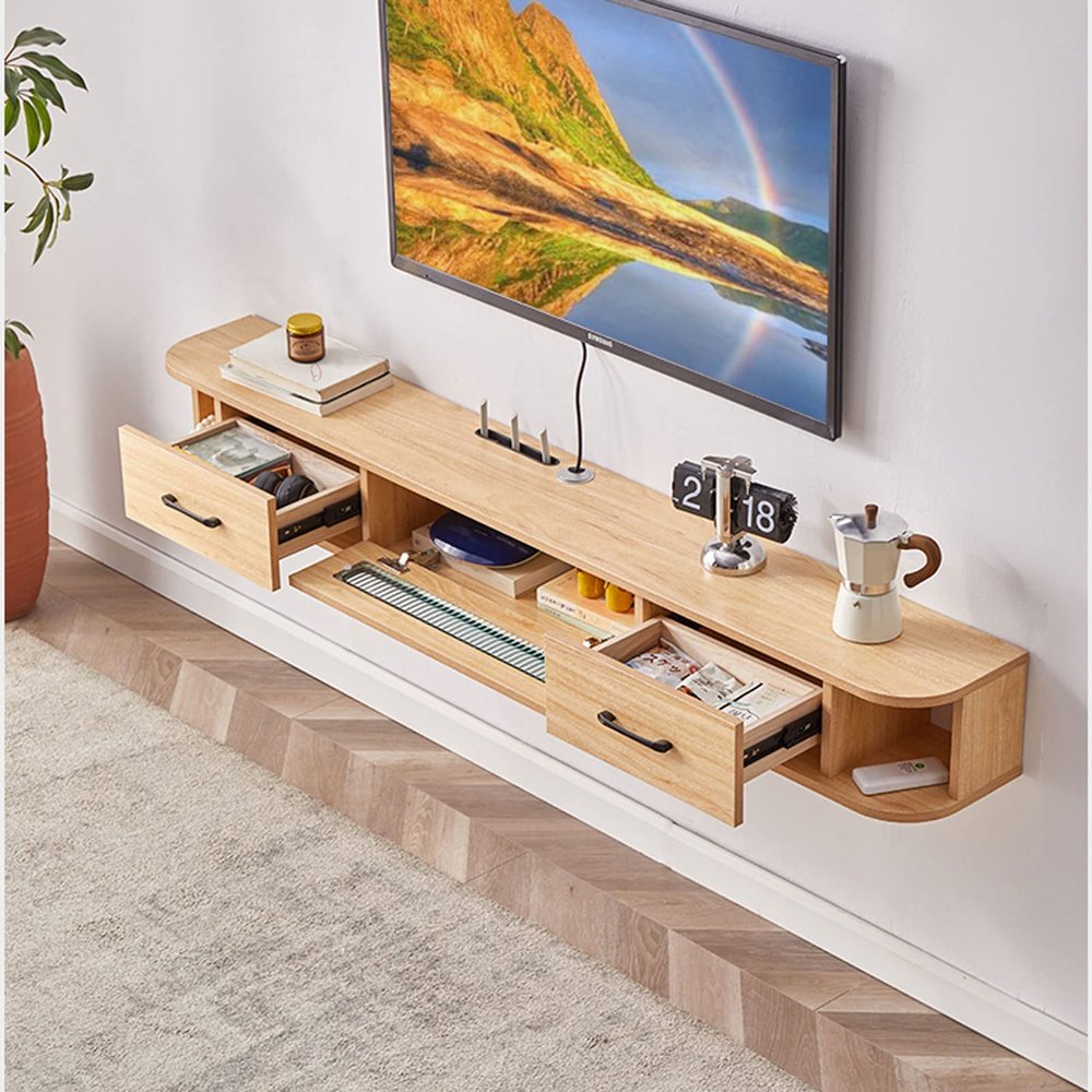 KOWJIFH Wall Shelf Wall Mounted tv Cabinet Floating Shelf Multimedia TV Console TV Stand Router TV Components DVD Players Photo Frame Storage Shelf with Drawer Bookshelf