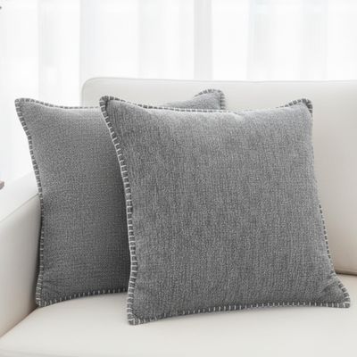 16x16 Pillow Covers Light Grey Set of 2 Decor Pillow Covers Velvet Soft Textured Chenille Gray Cushion Covers with Trim Edge Decorative Farmhouse Modern Square Pillow Cases for Couch