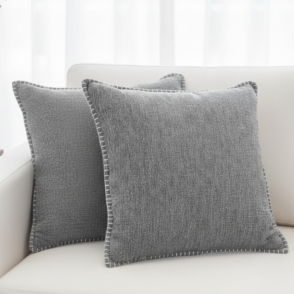 16x16 Pillow Covers Light Grey Set of 2 Decor Pillow Covers Velvet Soft Textured Chenille Gray Cushion Covers with Trim Edge Decorative Farmhouse Modern Square Pillow Cases for Couch