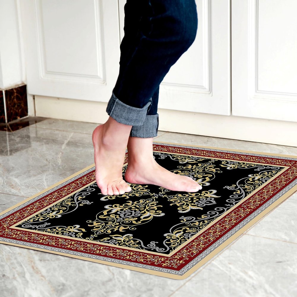 Cosilyt 1/10 Inch Ultra Thin 24"35" Large Front Door Mat Indoor Entrance Inside Non Slip, Waterproof Rubber Kitchen Mat and Interior Home Washable Door Mat, Boho Red