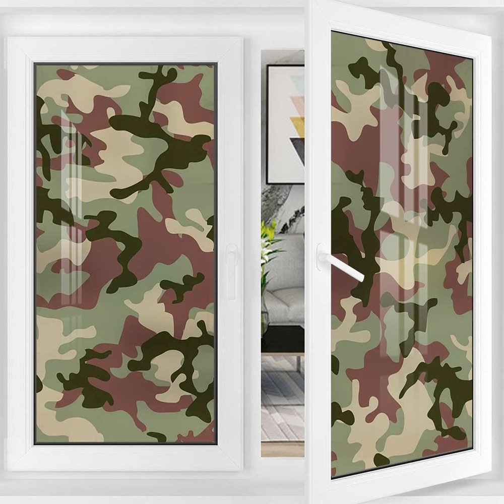 Dark Green Privacy Window Film Non-Adhesive Green Camouflage War Theme Sun Light Blocking Window Tint Film for Home Camo Illustrated 35.4Wx78.7L-inch x2 Pcs