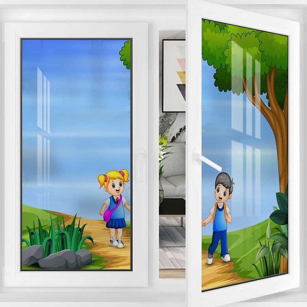 Blue Green No Glue Frosted Privacy Film Stained Glass Door Film Explore Girl Boy New Adventures Privacy Window Film Frosted Heat Control UV Protection Cartoon 35.4Wx78.7L-inch x2 Pcs