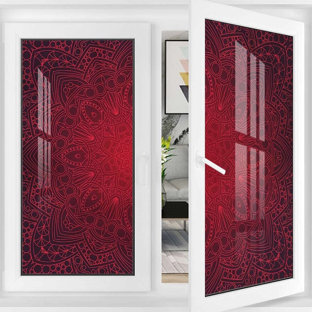 Black Red Frosted Glass Static Cling for Glass Door Home Antique Floral Pattern Window Film Privacy Frosted Stained Glass Abstract Geometric 35.4Wx78.7L-inch x2 Pcs