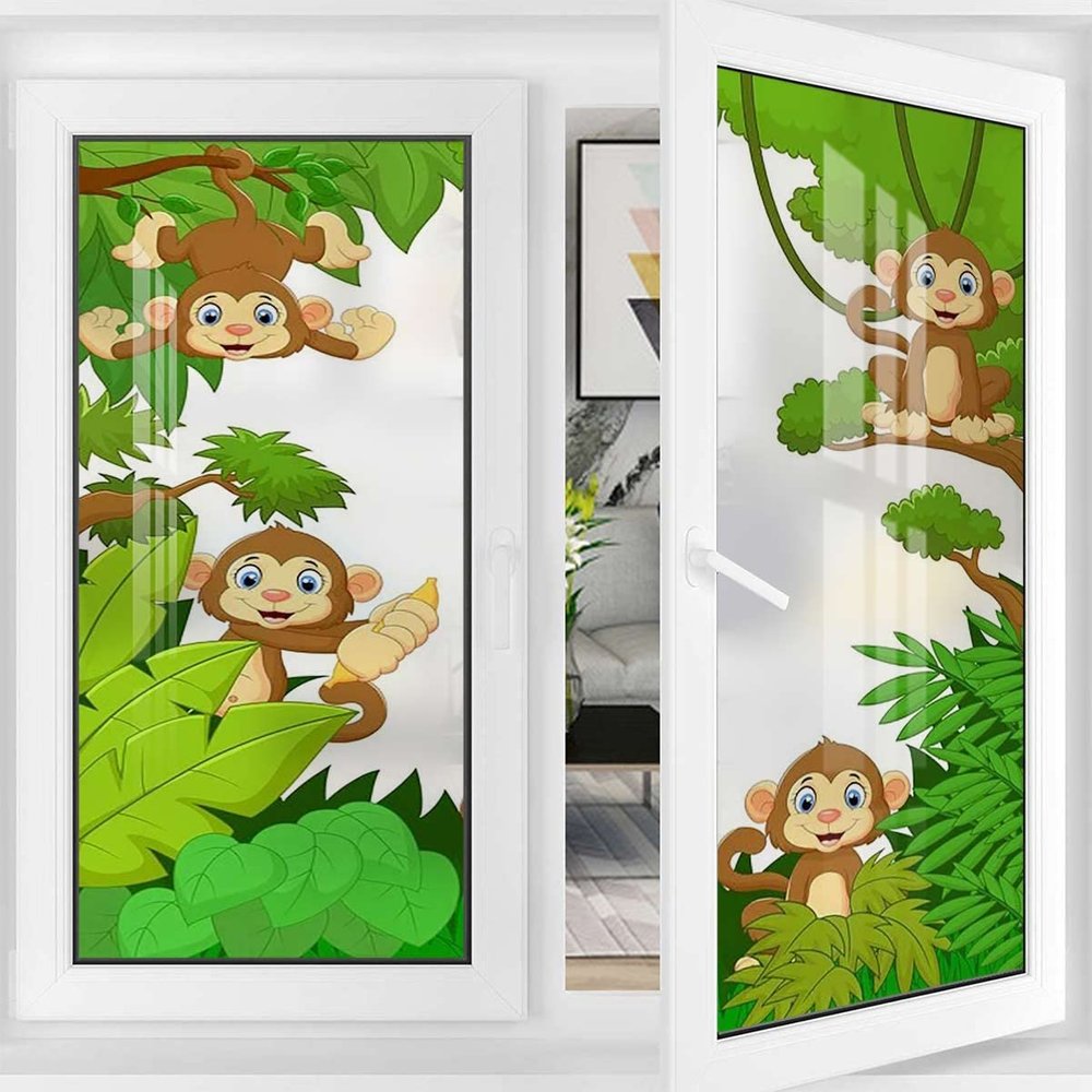 Green White No Glue Frosted Privacy Film Stained Glass Door Film Style Zoo Animals Exotic Comic Window Film No Glue Privacy Glass Film Frosted Cartoon 35.4Wx78.7L-inch x2 Pcs