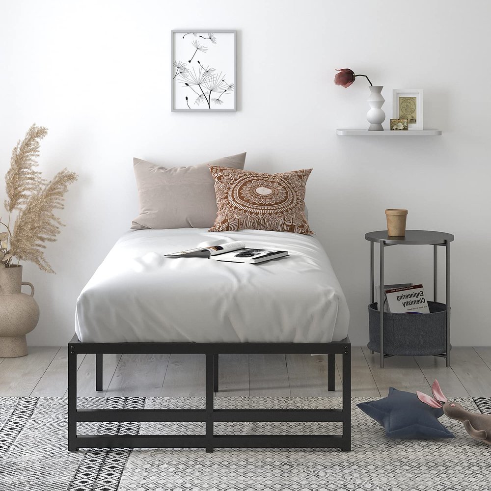 Allewie Heavy Duty Twin Size Platform Bed Frame with 14" Clearance Storage, Strong Metal Slats Support, No Box Spring Needed, Black