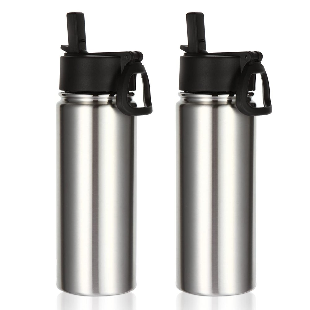 Volhoply 18oz Insulated Water Bottle Bulk 2 Pack,Kids Stainless Steel Water Bottles with Straw,Double Wall Vacuum Metal Water Bottle,Reusable Sports Water Flask For Cold Drink(Silver,2 Set)