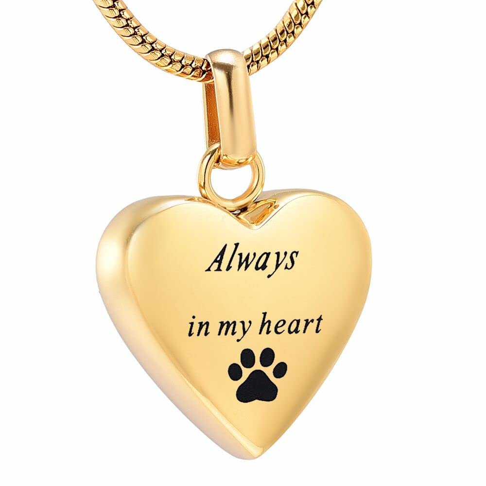 SHEIL Pet Memorial Jewelry - Always in My Heart Urn Necklace for Ashes with Dog/Cat Paw Print Keepsake Pendant - Engravable