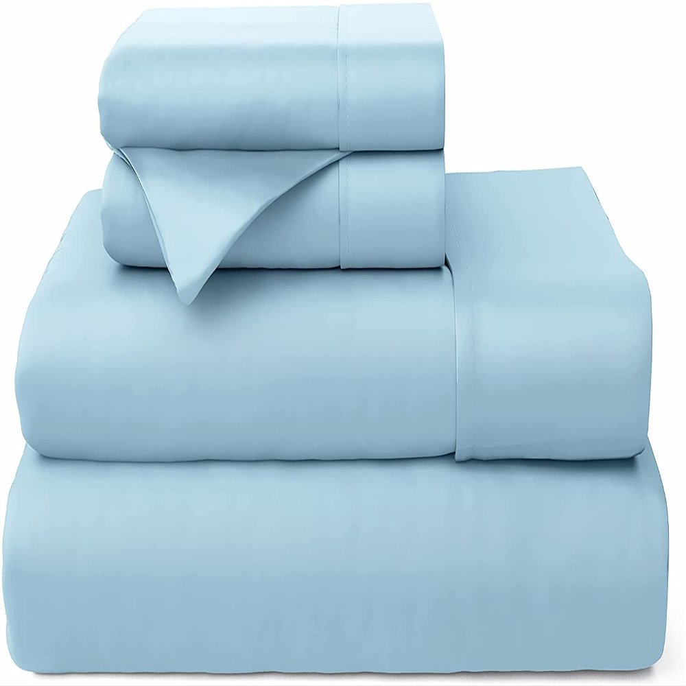 snowhomes 800-Thread Count-4-Pcs Bedding Set 100% Cotton Solid Sheet Light Blue Full-Sheets Set, Long-Staple Combed Cotton, Breathable, Soft Sateen Weave, Fits Mattress Upto 12'' Deep Pockets