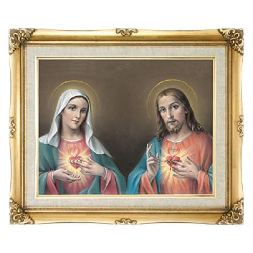 16" x 20" GOLD FRAMED ARTWORK PRINT ART RELIGIOUS TWIN HEARTS IMMACULATE HEART OF MARY, SACRED HEART OF JESUS