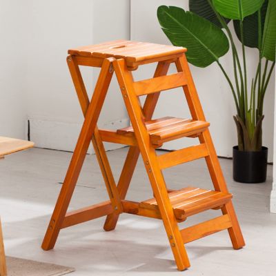 Hamankim Folding 3-Step Ladder Stool Solid Wood Step Stools Household Multifunctional Safety Non-Slip Climb Steps Ladders Plant Stand Perfect for Indoor and Outdoor