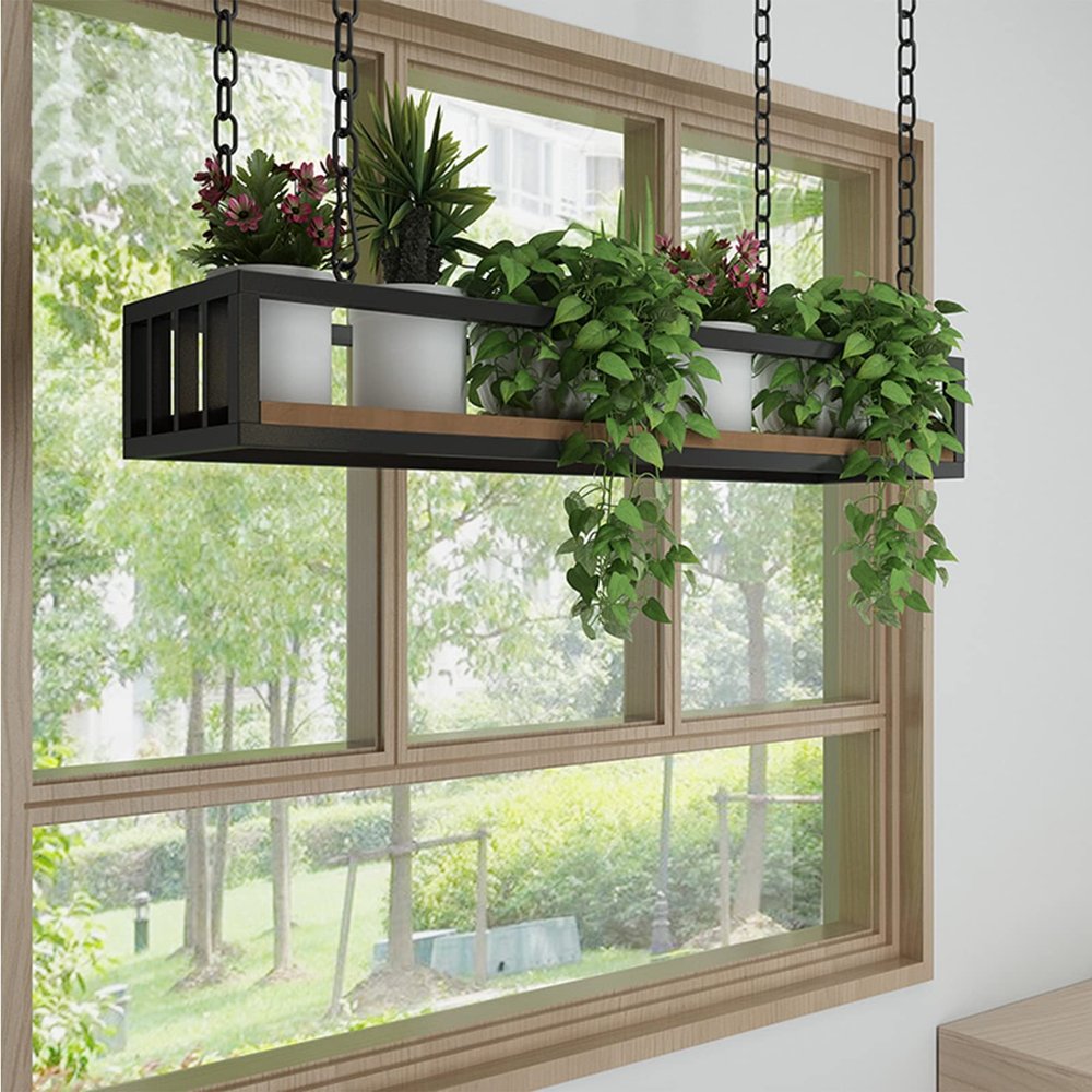 Drsyffsup Ceiling Hanging Rack Plants Flowers for Balcony Solid Wood Iron Storage Shelf Kitchen Bar Floating Shelving Overhead Garage Rack Display Shelves,with Guardrail (Size : 140x25x15cm)