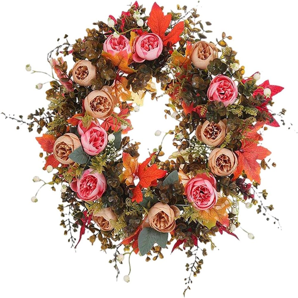 Artificial Flower Wreath Maple Leaves Wreath Fake Floral Wreath Front Door Wreath for Thanksgiving Halloween Party Home Decor 40cm