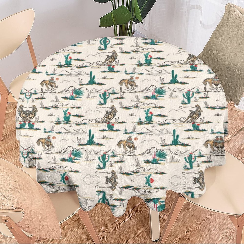 Kazynee Retro West Cowboy Round Tablecloth - 70" - Rustic Desert Wild West Cowboy Ride Horse Decorative Fabric Table Cover for Outdoor and Indoor Use