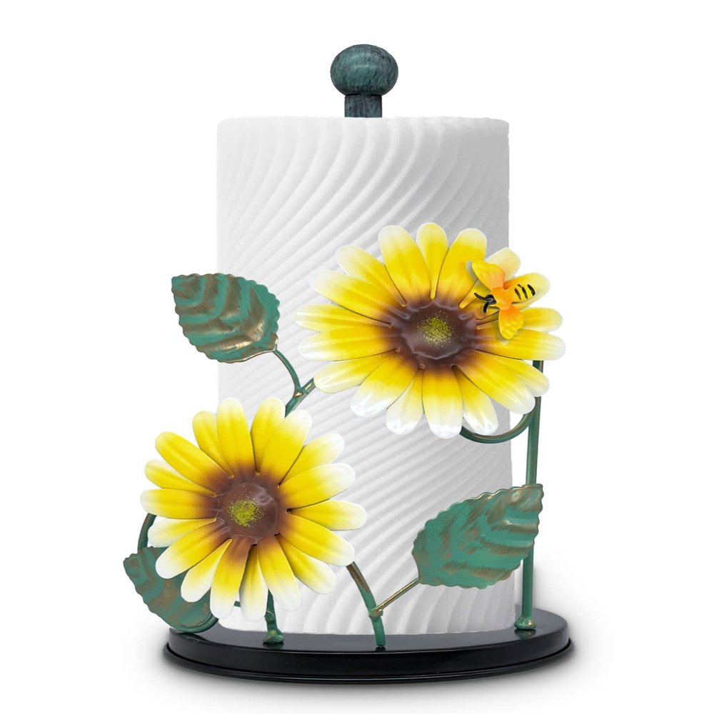 Sunflower Decor Paper Towel Holder, Metal Yellow Daisy with Bee Paper Towel Holders Stand Countertop for Kitchen Bathroom Decor, Cute Paper Rolls Organizer & Storage Sun Flower Accessories