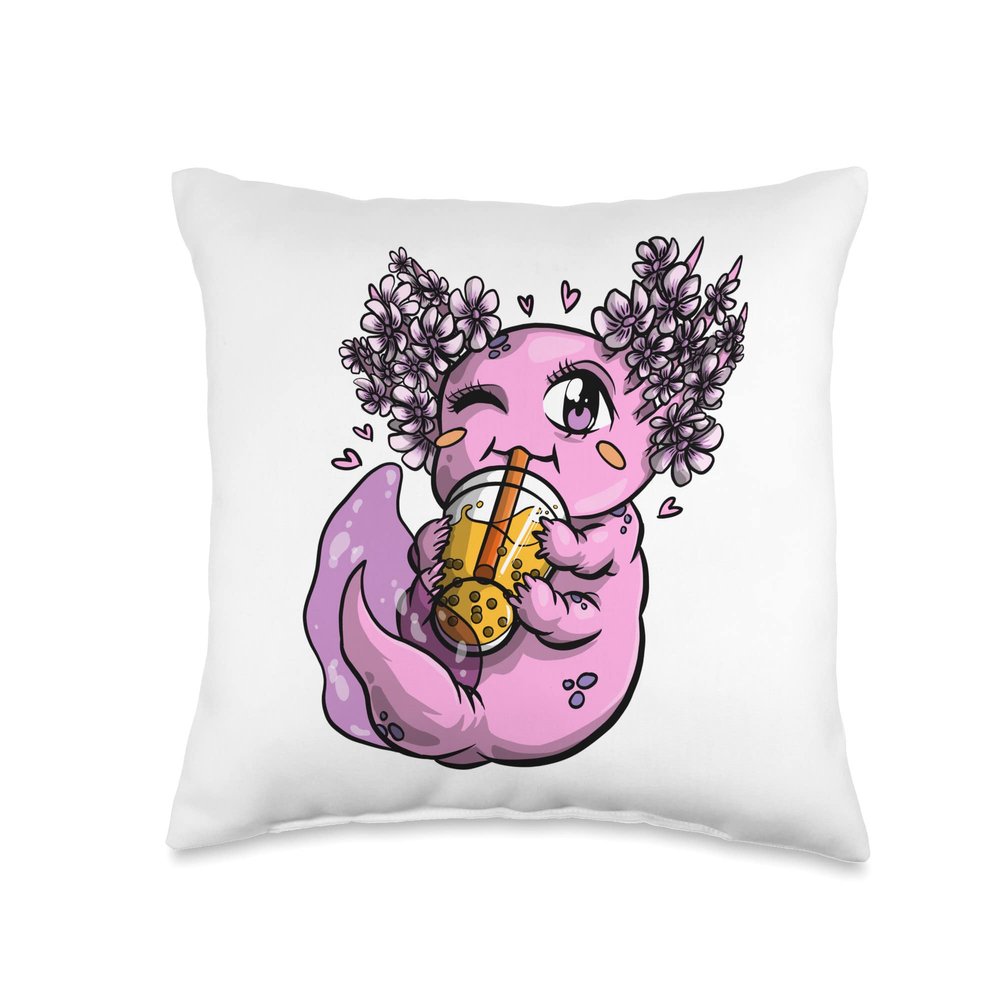 Boba Bubble Tea Anime Axolotl Cute Character Kawaii Throw Pillow