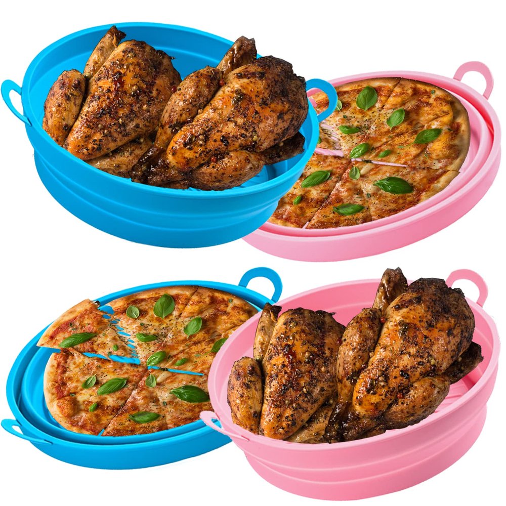 2 Pcs Foldable Air Fryer Silicone Pot, 8.5 Inch Liners, Reusable Oven Accessories Basket Bowl, Heat Resistant Easy Cleaning Round Liner Fit for 5 Qt or Bigger, Pink & Blue