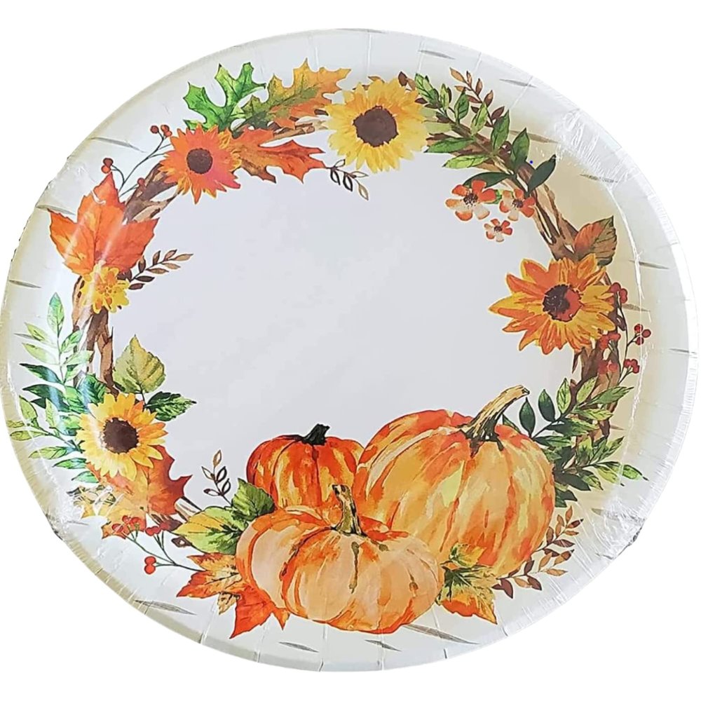 Greenbrier International Pumpkin Harvest Paper Plates, Cream, Brown, Orange, Brown, Green, Pattern