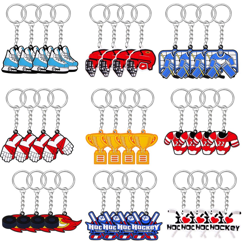 Taiyin 36 Pcs Hockey Keychain Bulk Party Favors Sports Ball Key Chains Sport Party Supplies Funny Keyring Gifts for Birthday Player Team, 9 Design