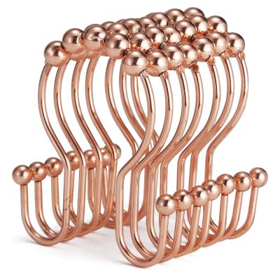 Goowin Shower Curtain Hooks, 12 Pcs Shower Curtain Rings, Stainless Steel Shower Curtain Hangers, Double Hook Shower Curtain Hooks, Smooth Sliding Anti-Drop Shower Rings for Curtain (Rose Gold)