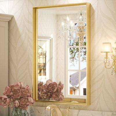 Keonjinn Gold Bathroom Mirror 24 x 36 Inch, Brushed Gold Wall Mirror, Metal Framed Rectangular Mirrors for Bathroom, Rectangle Vanity Mirrors with Aluminum Alloy Frame(Horizontal/Vertical)