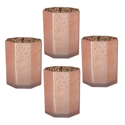 A&B Home Glass Candle Holder - Frosted Mercury Glass Tealight Candle Holder, Pink Octagonal Decorative Votive Candle Holder, Living Room Entryway Coffee Table Side Table Accent Piece, Set of 4