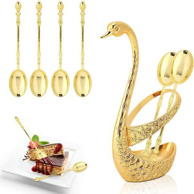 Coffee Dessert Spoon Set, Swan Base Holder Spoon Organizer with 6pcs Spoons for Coffee Fruit Dessert Stirring Mixing Sugar Stir Ice Cream Cake Teaspoon (Gold)