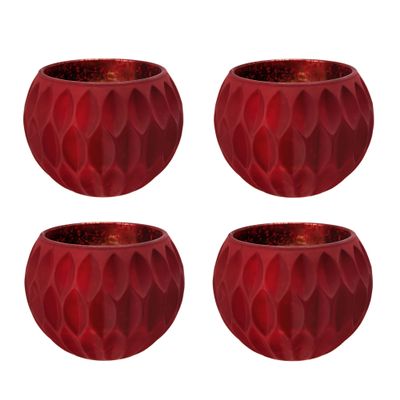 A&B Home Glass Tealight Candle Holder - Round Bowl Votive Candle Holder with Embossed Pattern, Home Decor for Wedding Party Centerpieces, Set of 4, Red