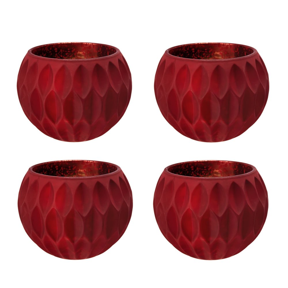 A&B Home Glass Tealight Candle Holder - Round Bowl Votive Candle Holder with Embossed Pattern, Home Decor for Wedding Party Centerpieces, Set of 4, Red